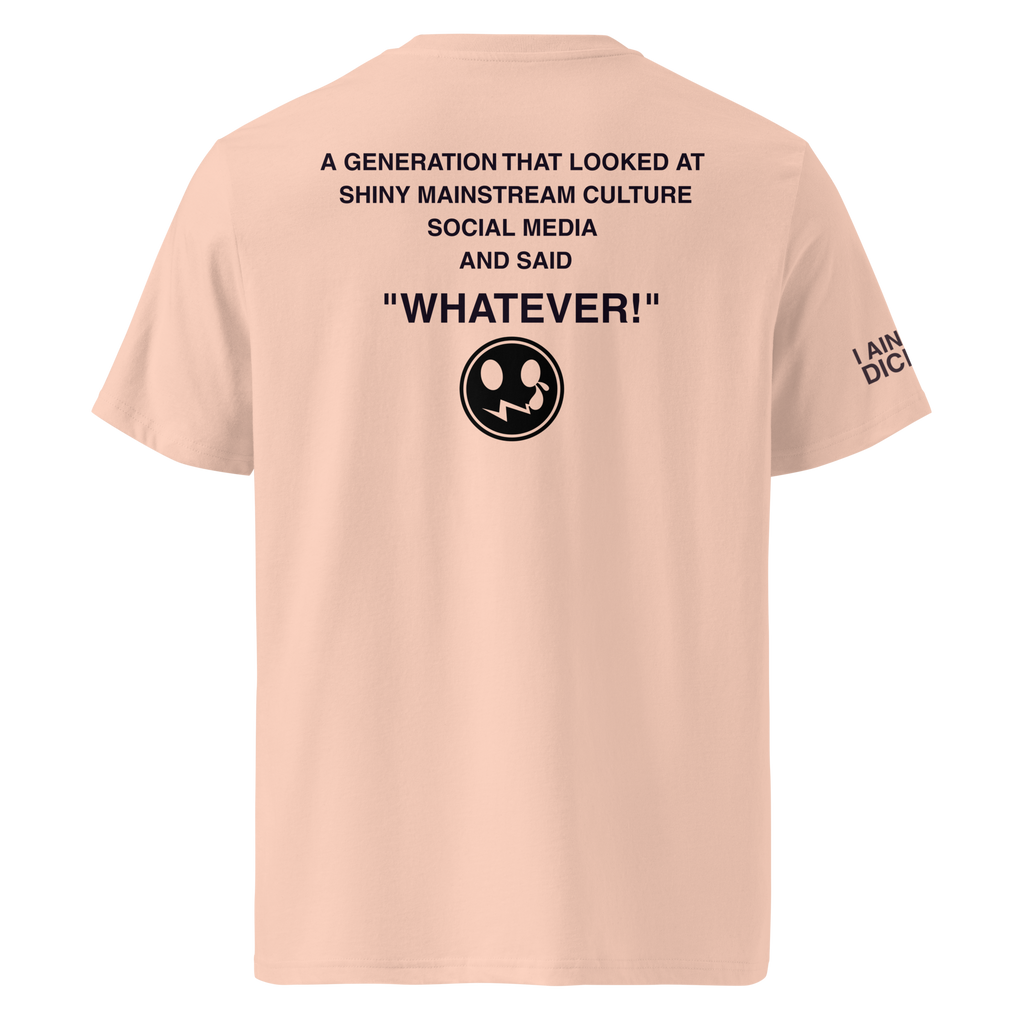 A light peach-pink T-shirt shown from the back, featuring a black printed quote and a logo symbol on the back, with additional text printed on the left sleeve.