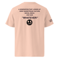 A light peach-pink T-shirt shown from the back, featuring a black printed quote and a logo symbol on the back, with additional text printed on the left sleeve.