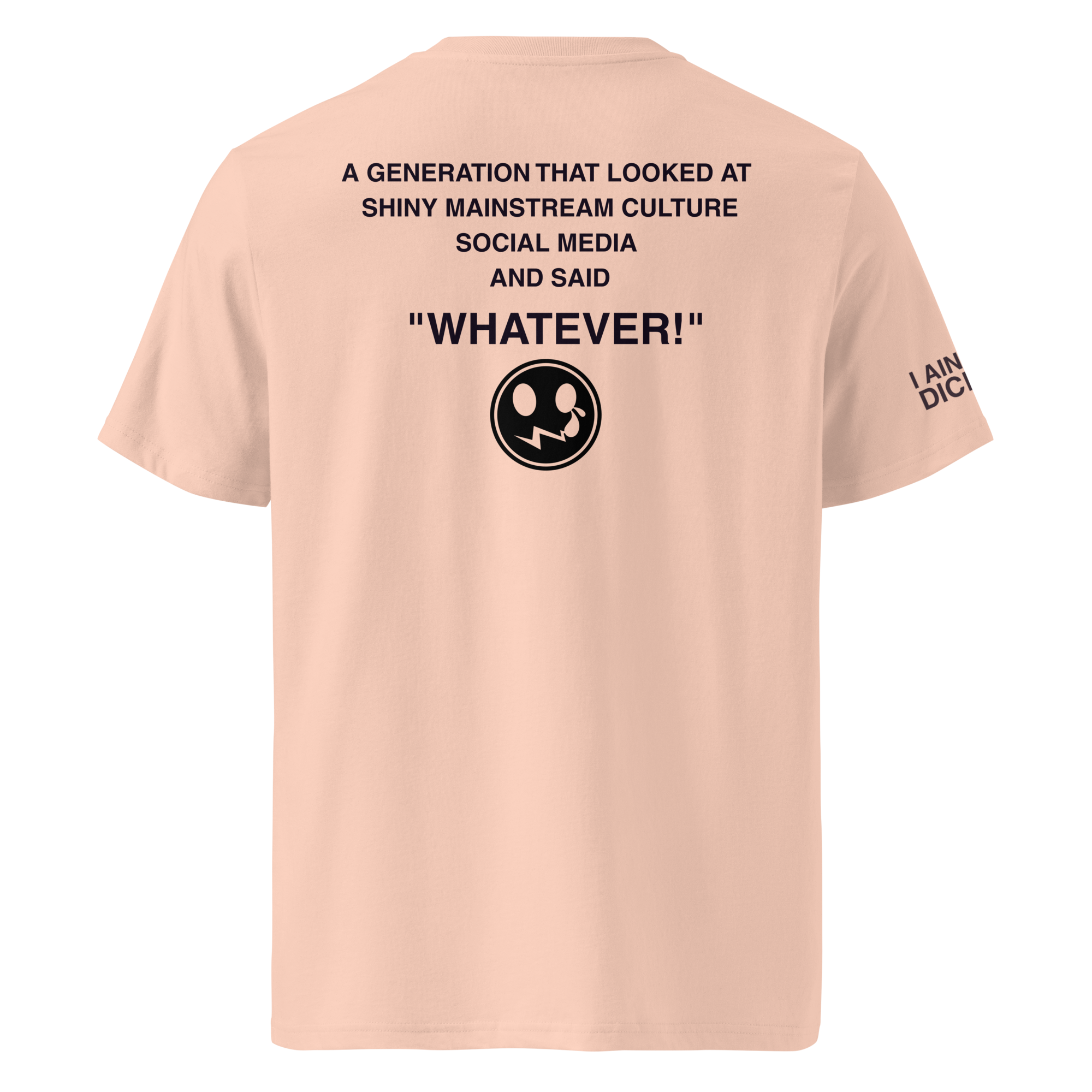 A light peach-pink T-shirt shown from the back, featuring a black printed quote and a logo symbol on the back, with additional text printed on the left sleeve.