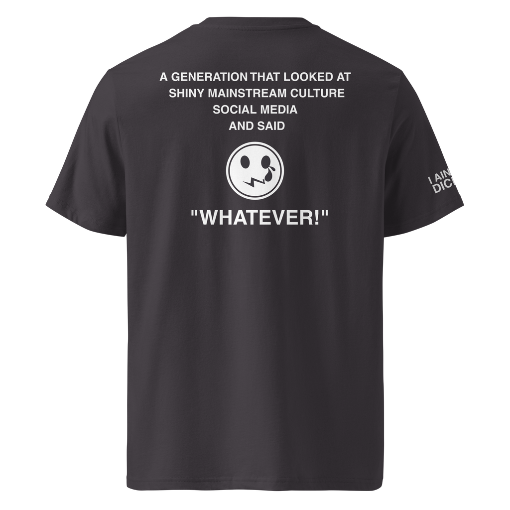 A black short-sleeve t-shirt shown from the back, featuring a white graphic print with text and a smiley face on the back, and partial white text on the left sleeve.