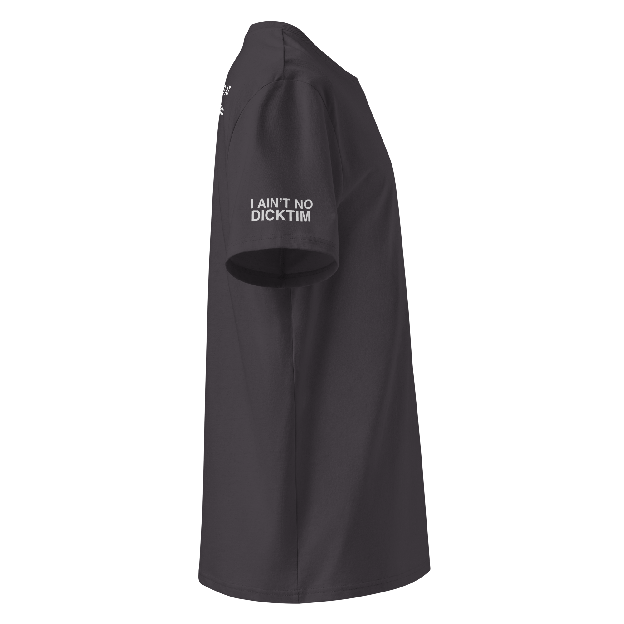 An anthracite short-sleeve polo shirt shown from the side, featuring the white printed text 'I AIN'T NO DICKTIM' on the left sleeve, set against a plain white background.