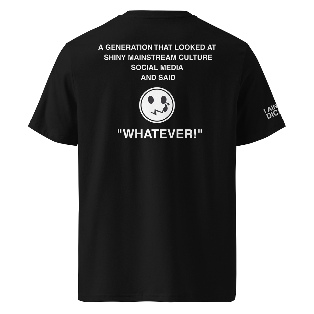 A black short-sleeve t-shirt shown from the back, featuring a white graphic print with text and a smiley face on the back, and partial white text on the left sleeve.