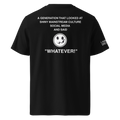 A black short-sleeve t-shirt shown from the back, featuring a white graphic print with text and a smiley face on the back, and partial white text on the left sleeve.