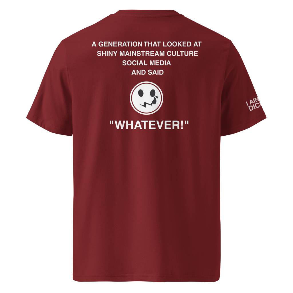 A maroon short-sleeve t-shirt shown from the back, featuring white printed text and a circular smiley face graphic on the back, with additional white text on the left sleeve.