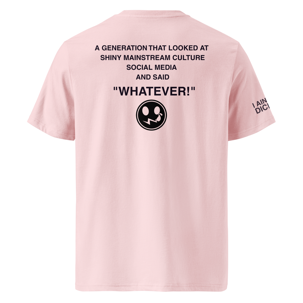 A light pink short-sleeve t-shirt shown from the back, featuring black printed text and a circular graphic on the upper back, with additional text on the left sleeve.