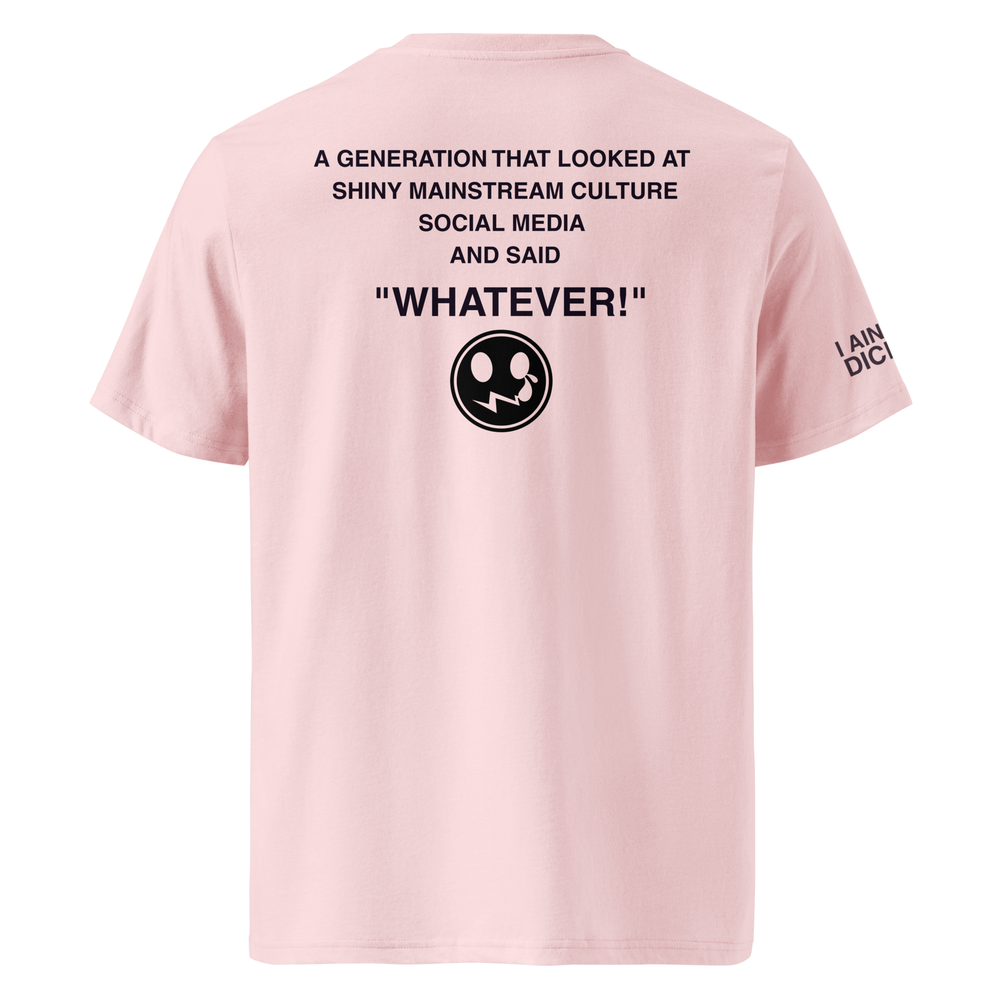 A light pink short-sleeve t-shirt shown from the back, featuring black printed text and a circular graphic on the upper back, with additional text on the left sleeve.