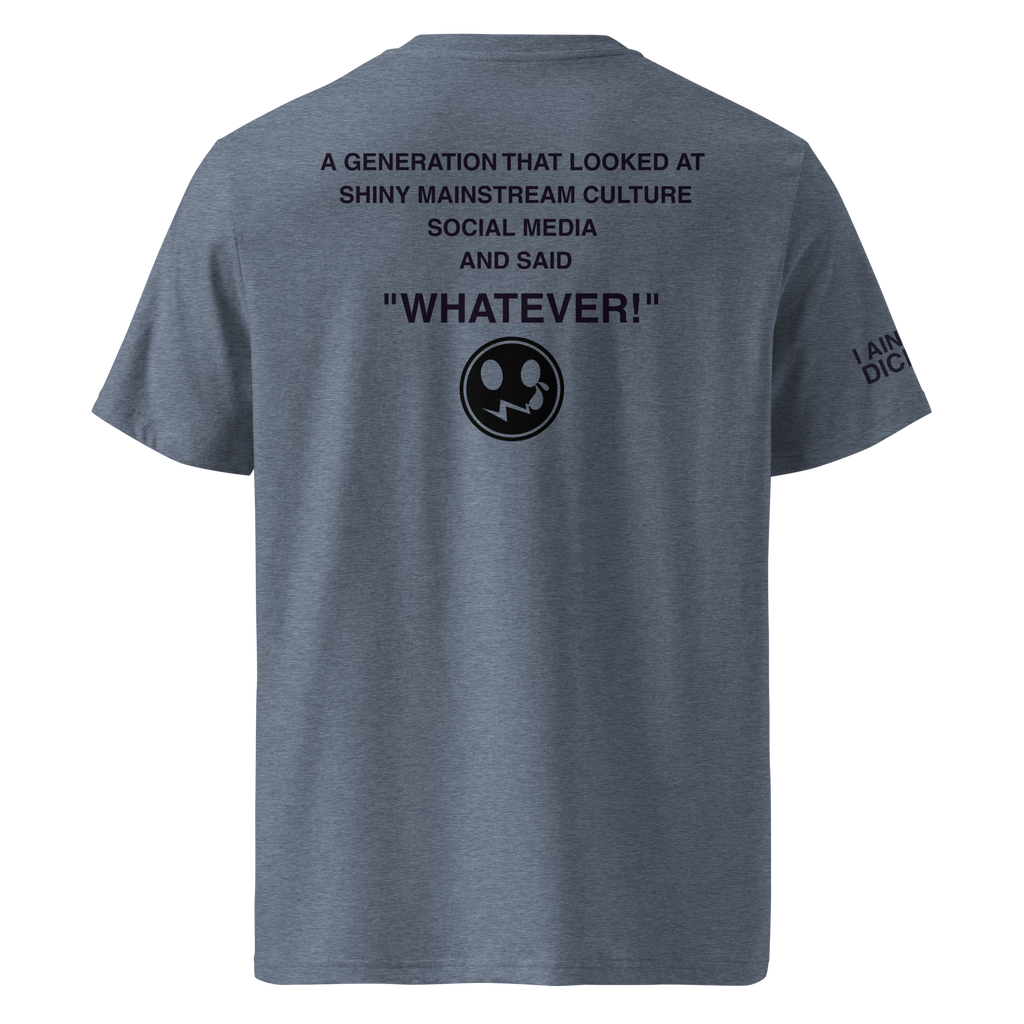 A heather gray short-sleeve t-shirt shown from the back, featuring black printed text and a circular graphic on the upper back, with additional text on the left sleeve.