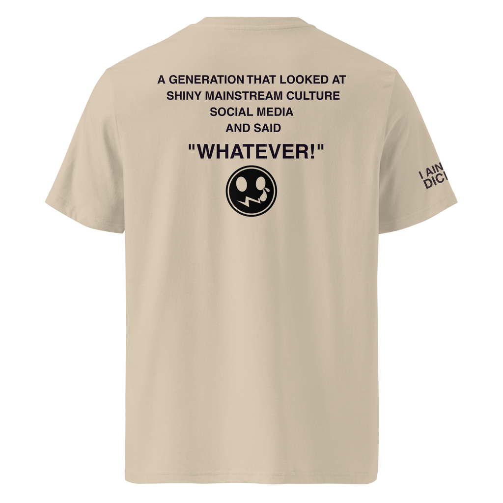 A beige short-sleeve t-shirt shown from the back, featuring black printed text and a circular graphic on the upper back, with additional black text on the left sleeve.