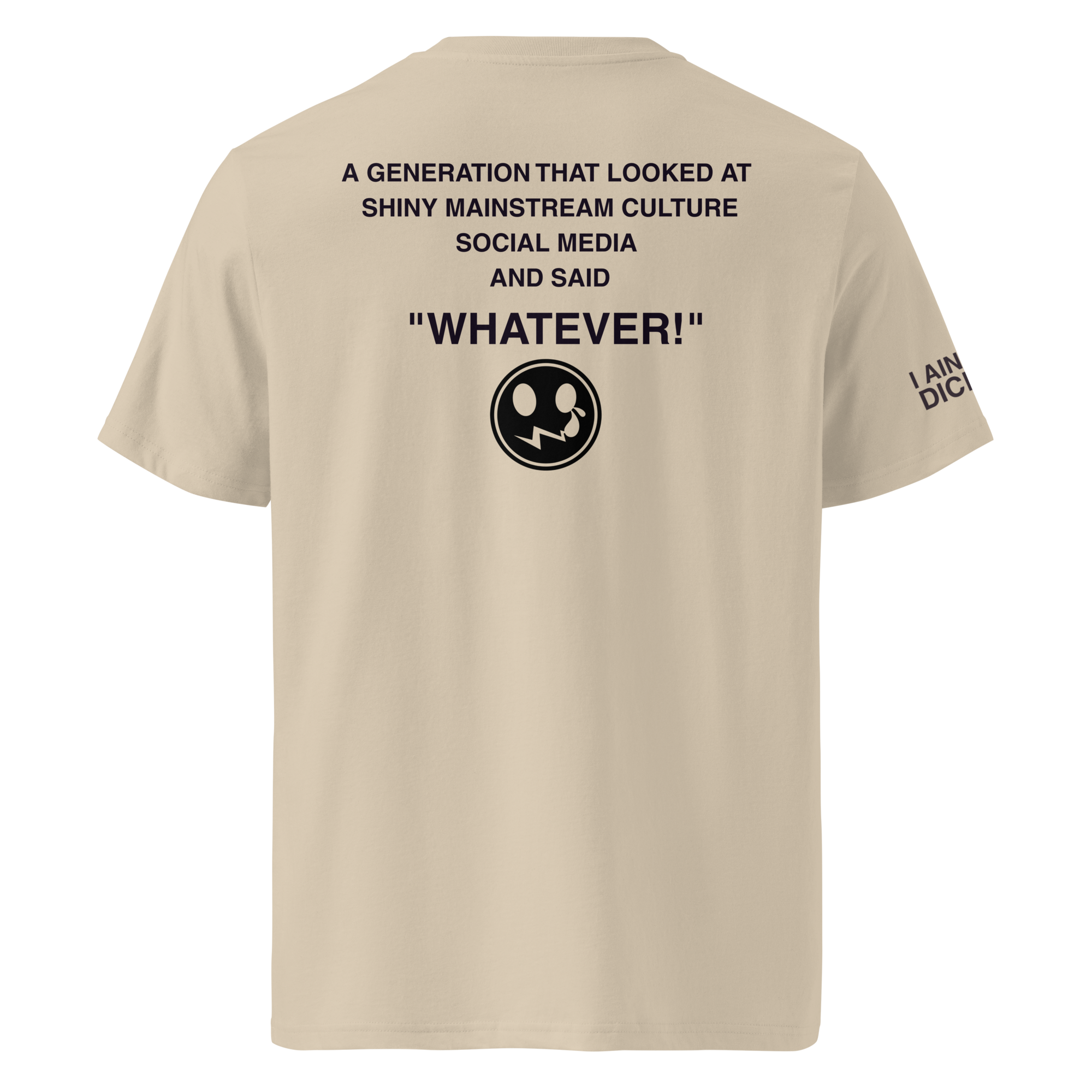 A beige short-sleeve t-shirt shown from the back, featuring black printed text and a circular graphic on the upper back, with additional black text on the left sleeve.