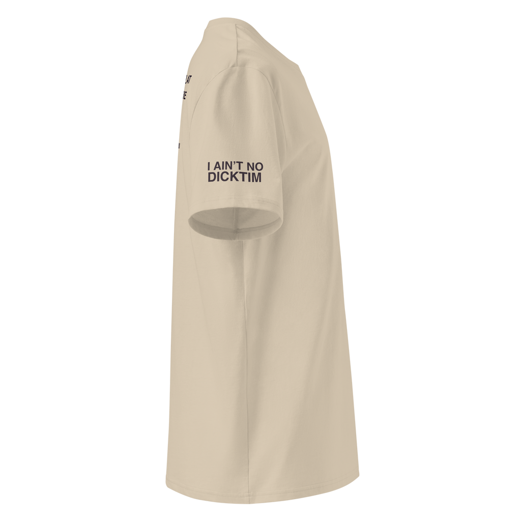 Beige t-shirt with branding on a white background