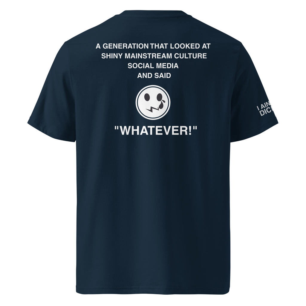 A navy blue short-sleeve t-shirt shown from the back, featuring a white graphic print with text and a smiley face on the center back, and white text on the left sleeve.