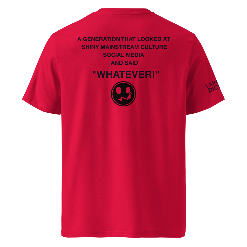 A red short-sleeve t-shirt shown from the back, featuring black printed text and a circular logo on the back, with additional black text on the left sleeve.