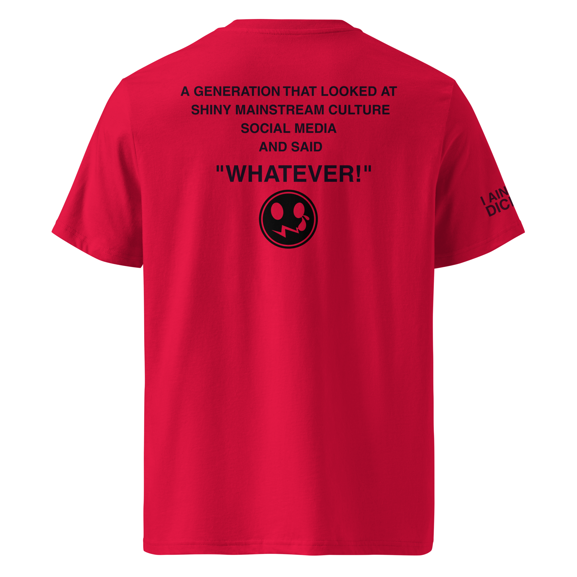 A red short-sleeve t-shirt shown from the back, featuring black printed text and a circular logo on the back, with additional black text on the left sleeve.