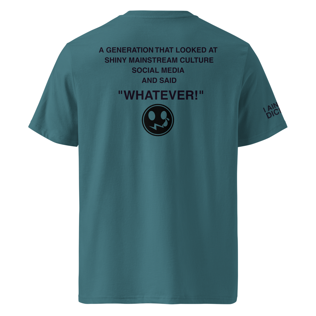 A teal blue short-sleeve t-shirt shown from the back, featuring black printed text and a circular skull graphic on the center back, with additional text on the left sleeve.