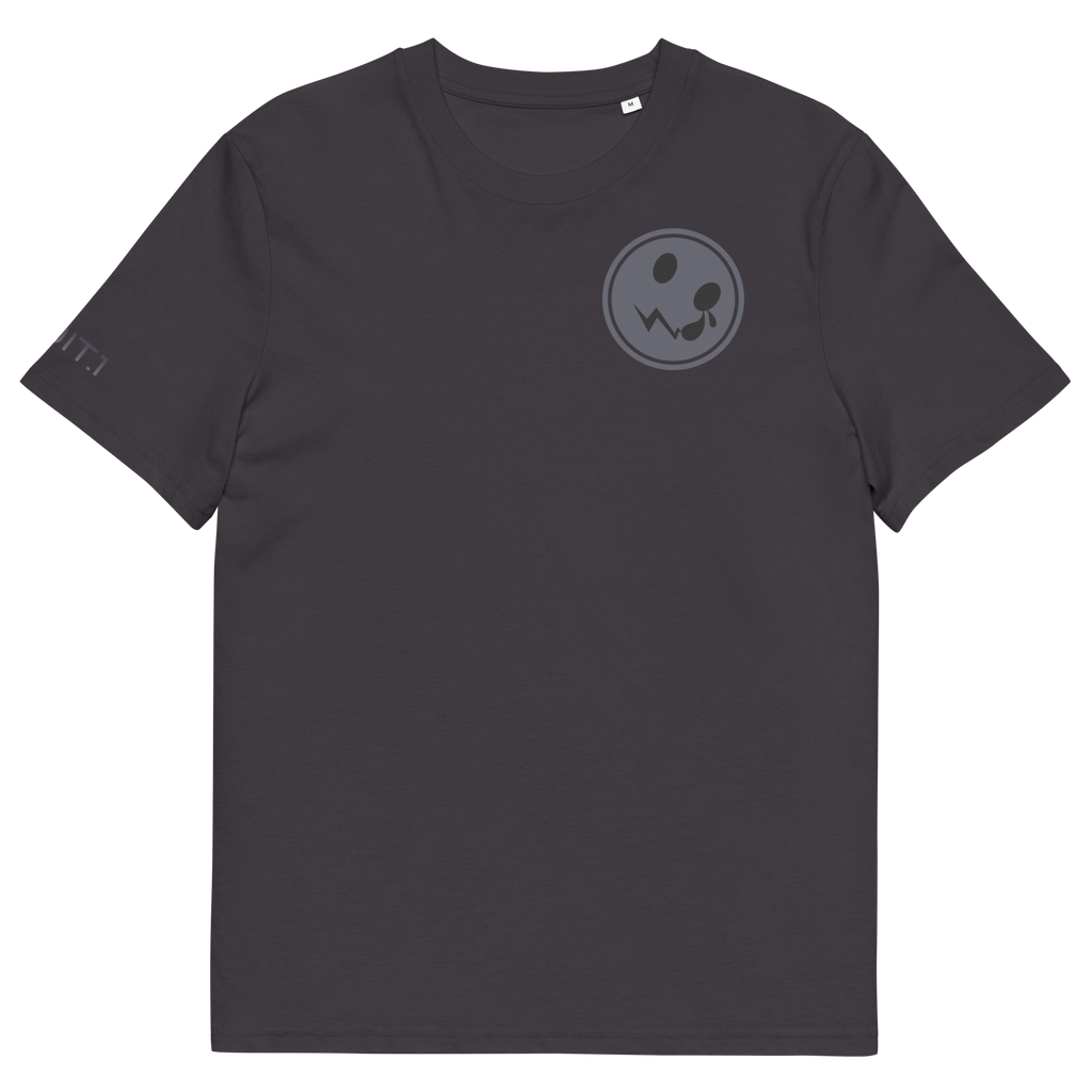 A  t-shirt featuring a striking grey circular logo prominently displayed on the back, set against a clean and crisp white background. The shirt's fabric is soft and comfortable, making it suitable for casual wear, while the logo adds a modern and stylish touch that stands out beautifully in contrast to the dark fabric.