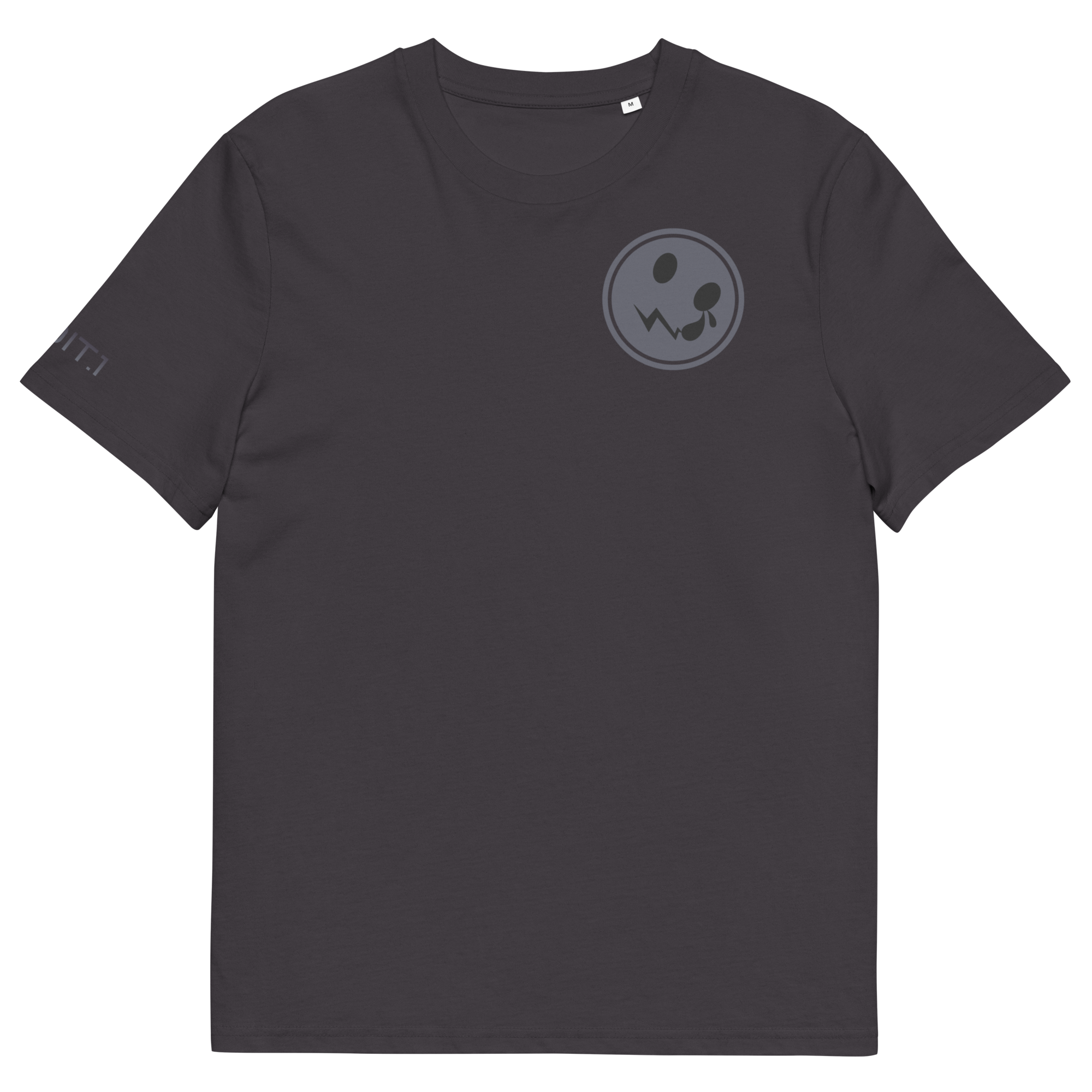 A  t-shirt featuring a striking grey circular logo prominently displayed on the back, set against a clean and crisp white background. The shirt's fabric is soft and comfortable, making it suitable for casual wear, while the logo adds a modern and stylish touch that stands out beautifully in contrast to the dark fabric.