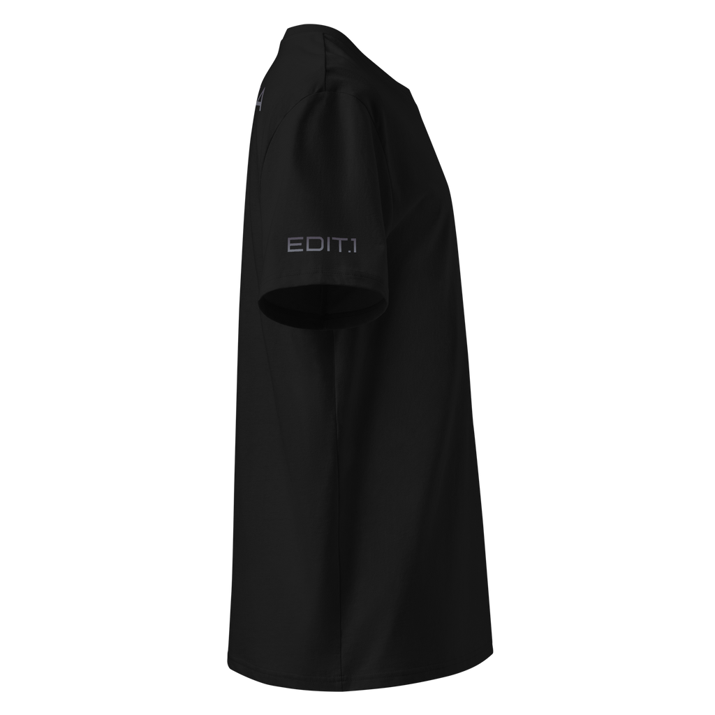 A  t-shirt featuring the 'EDIT.1' logo prominently displayed in white on the front. The fabric is soft and comfortable, ideal for casual wear. The striking contrast between the black shirt and white logo enhances the visual appeal, giving a modern touch to any outfit.