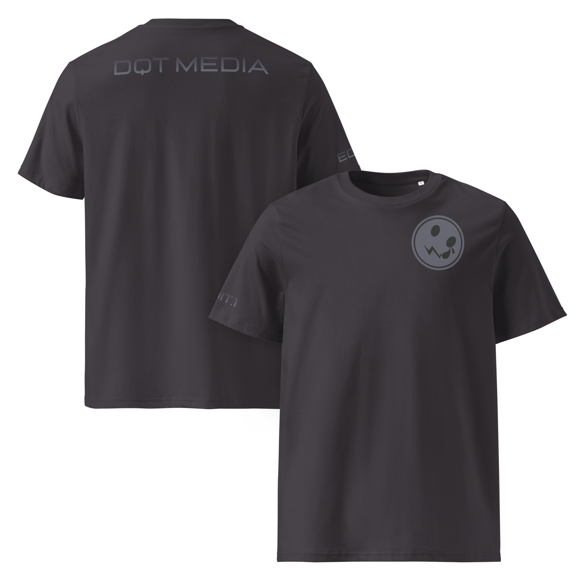 This is a  t-shirt featuring a sleek design, prominently showcasing the 'DQT Media' branding on the back. The front view presents a clean and minimalist look, while the back view highlights the brand's logo in bold, contrasting colours, making it stand out. The shirt is crafted from soft, breathable fabric, ensuring comfort and style for everyday wear. The fit is tailored to be flattering, making it suitable for a variety of occasions.