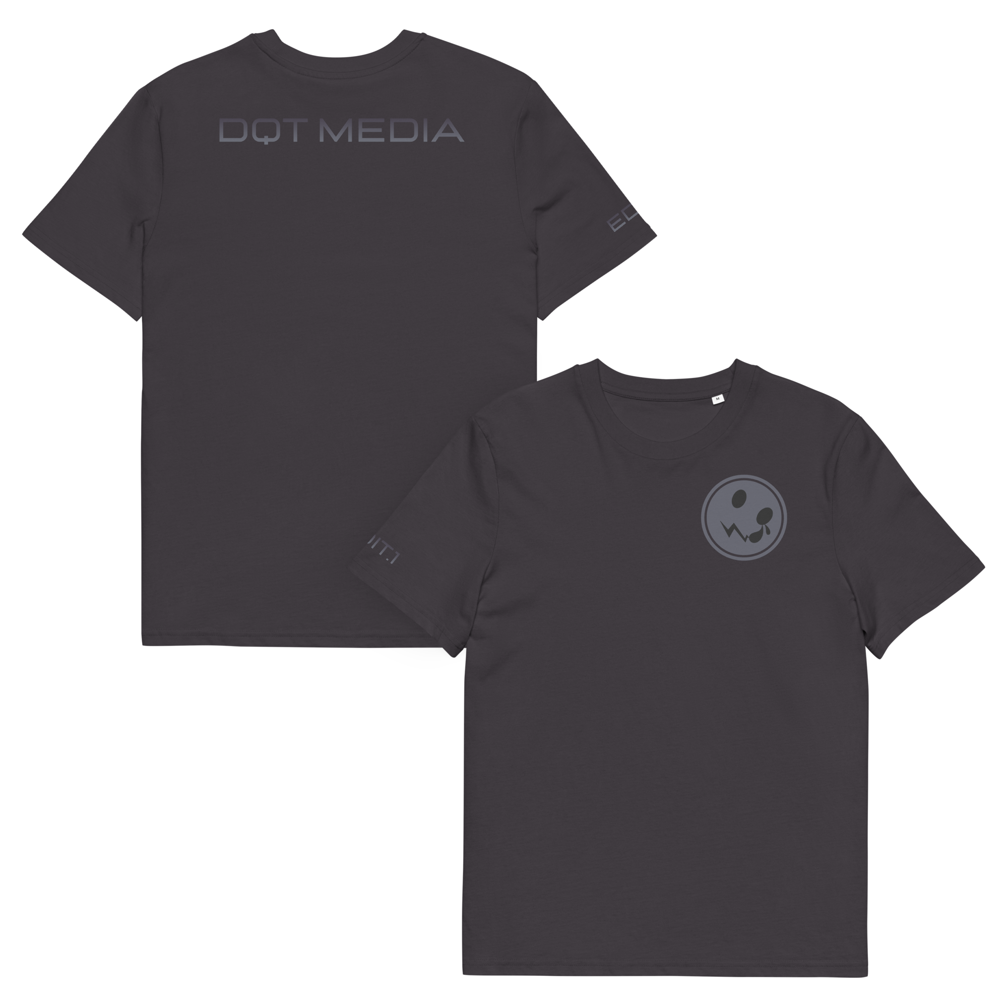 This is a  t-shirt featuring a sleek design, prominently showcasing the 'DQT Media' branding on the back. The front view presents a clean and minimalist look, while the back view highlights the brand's logo in bold, contrasting colours, making it stand out. The shirt is crafted from soft, breathable fabric, ensuring comfort and style for everyday wear. The fit is tailored to be flattering, making it suitable for a variety of occasions.