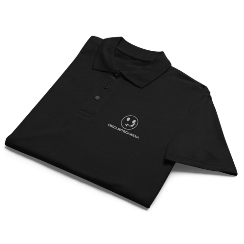 A neatly folded polo shirt featuring a crisp white design with a bold logo prominently displayed on the front. The fabric is soft to the touch, and the shirt's classic silhouette adds a touch of timeless style. 